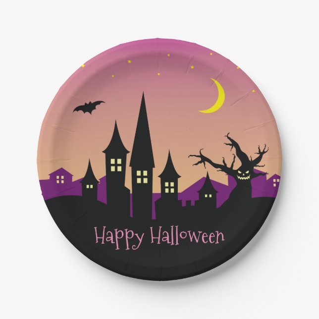 Scary Spooky Haunted House Purple Halloween Party Paper Plates (Front)