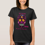 Scary Sugar Skull A5 T-Shirt<br><div class="desc">This fun & festive Party t shirt features a purple skull with red and yellow flowers around the eye's. It has colorful flowers around the head. And has greenish teeth. With pink flowers on his cheeks. With a creepy pink nose. This is from the Day of the Dead also know...</div>