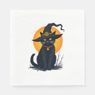 Scary Vintage Black Cat with Witch Hat Full Moon - Napkins