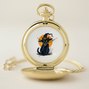 Scary Vintage Black Cat with Witch Hat Full Moon - Pocket Watch