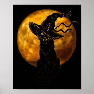 Scary Vintage Black Cat With Witch Hat Full Moon - Poster