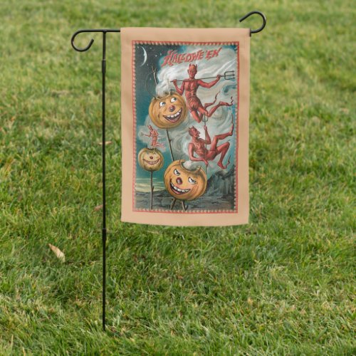 Scary Vintage Halloween Devils and Jack_O_Lanterns Garden Flag