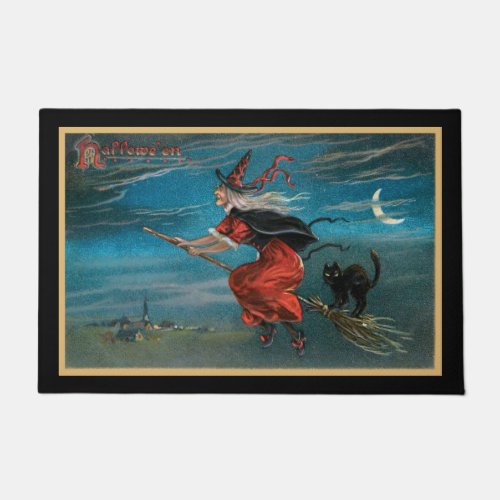 Scary Vintage Halloween Witch on Broomstick Doormat