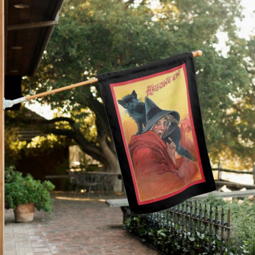 Scary Vintage Halloween Witch with Black Cat House Flag