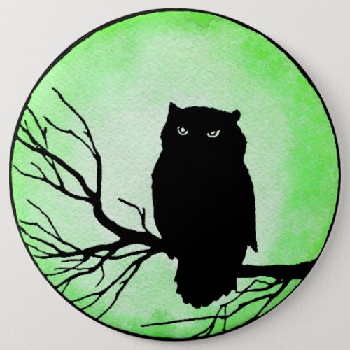 Scary Vintage Owl with Acid Green Watercolor Moon Button