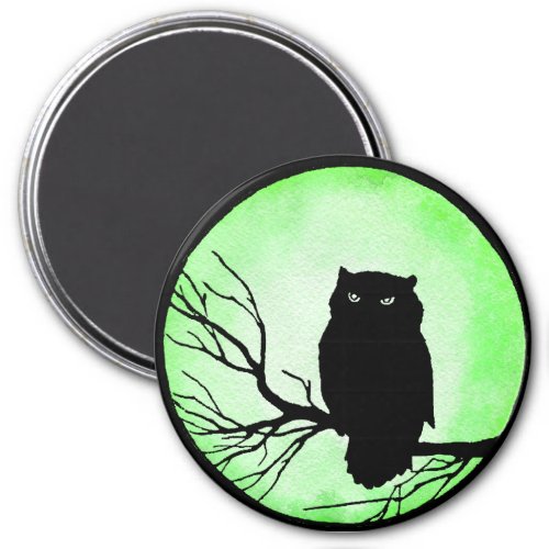 Scary Vintage Owl with Acid Green Watercolor Moon Magnet