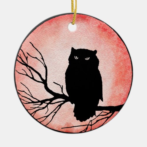 Scary Vintage Owl with Blood Red Watercolor Moon Ceramic Ornament