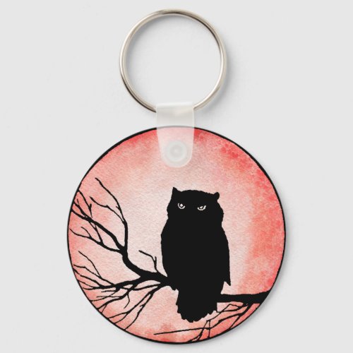Scary Vintage Owl with Blood Red Watercolor Moon Keychain