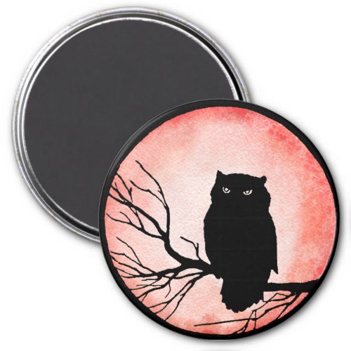 Scary Vintage Owl with Blood Red Watercolor Moon Magnet