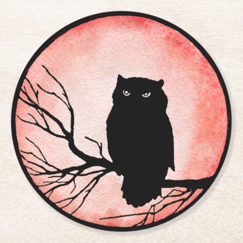 Scary Vintage Owl with Blood Red Watercolor Moon Round Paper Coaster