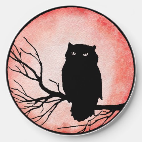 Scary Vintage Owl with Blood Red Watercolor Moon Wireless Charger