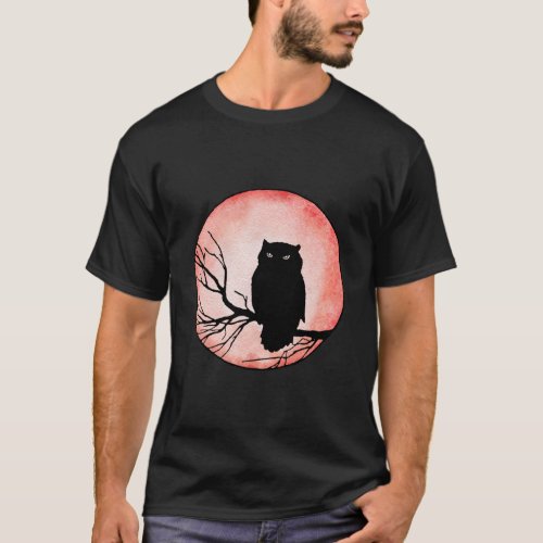 Scary Vintage Owl with Red Watercolor Moon T_Shirt