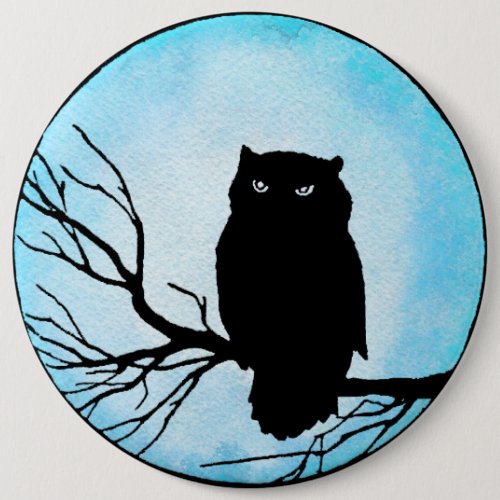 Scary Vintage Owl with Silver Blue Watercolor Moon Button