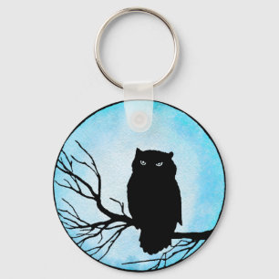 Scary Vintage Owl with Silver Blue Watercolor Moon Keychain