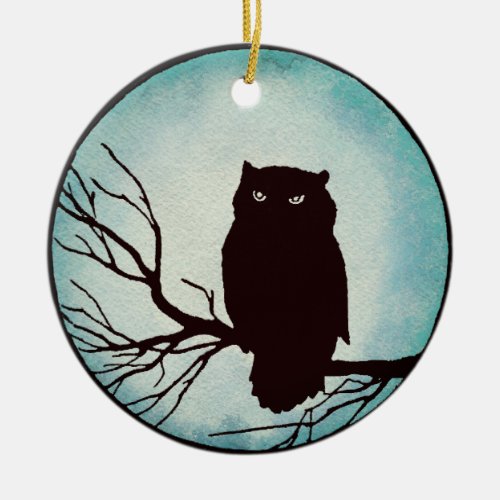 Scary Vintage Owl with Spooky Blue Watercolor Moon Ceramic Ornament