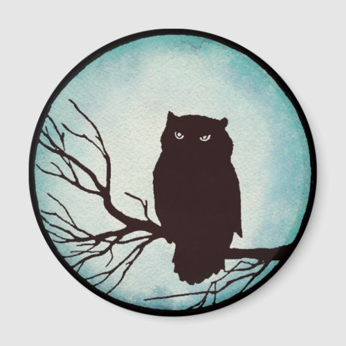 Scary Vintage Owl with Spooky Blue Watercolor Moon Magnet