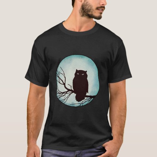 Scary Vintage Owl with Spooky Blue Watercolor Moon T_Shirt