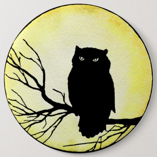 Scary Vintage Owl with Yellow Watercolor Moon Button