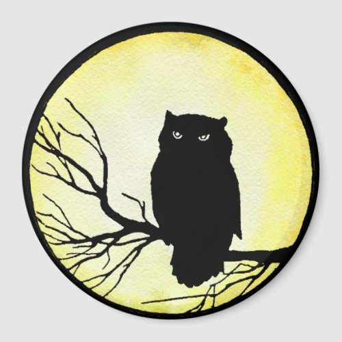 Scary Vintage Owl with Yellow Watercolor Moon Magnet