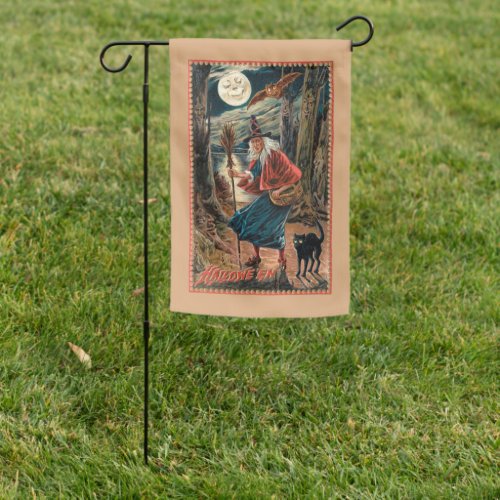 Scary Vintage Witch in Moonlight with Black Cat Garden Flag