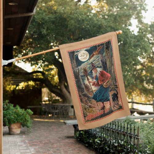 Scary Vintage Witch in Moonlight with Black Cat House Flag