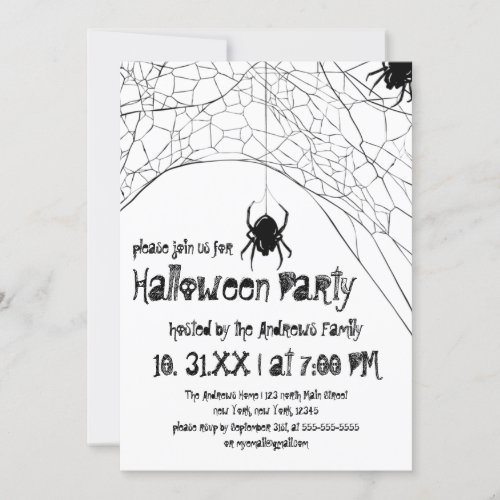 Scary White Black Spider and Web Halloween Invitation