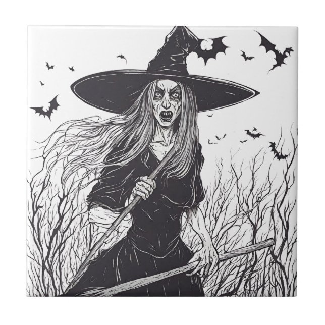 Scary Witch and Black Bats  Ceramic Tile (Front)