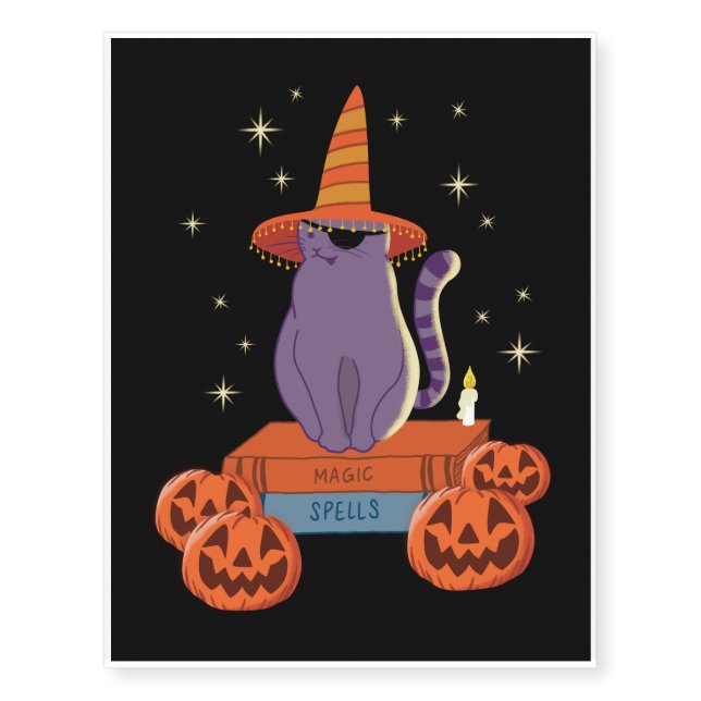Scary Witch Cat & Pumpkin - Halloween Gifts Temporary Tattoos (Front)