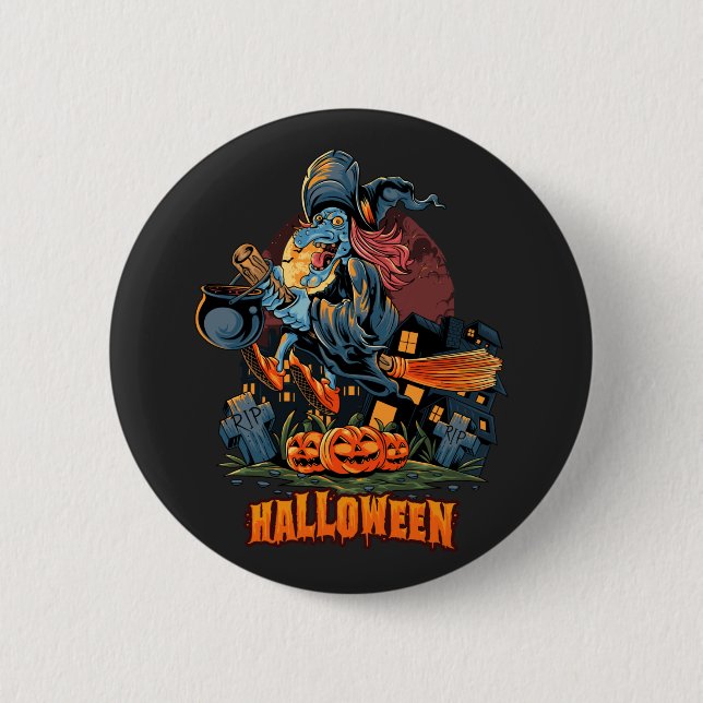 Scary Witch On a Broom  Button (Front)