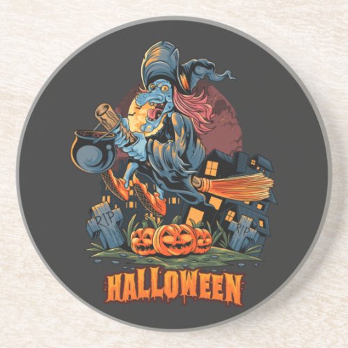Scary Witch On a Broom   Coaster
