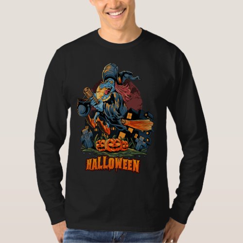 Scary Witch On a Broom Long Sleeve  T_Shirt