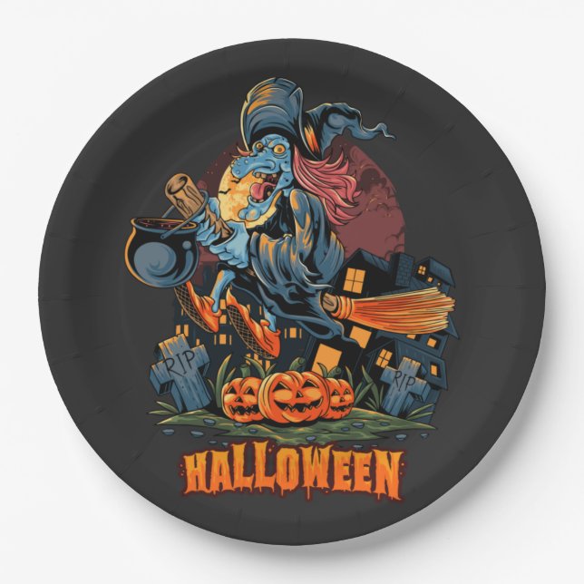 Scary Witch On a Broom  Paper Plates (Front)