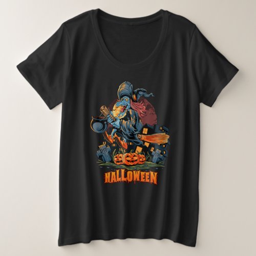 Scary Witch On a Broom  Plus Size T_Shirt