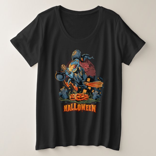 Scary Witch On a Broom  Plus Size T-Shirt (Design Front)