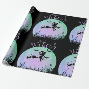 Scary witch on a broomstick with a cat wrapping paper