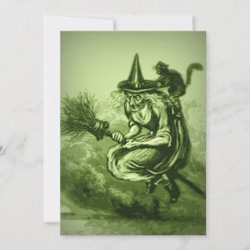 Scary Witch on Broomstick  Vintage Halloween Invitation