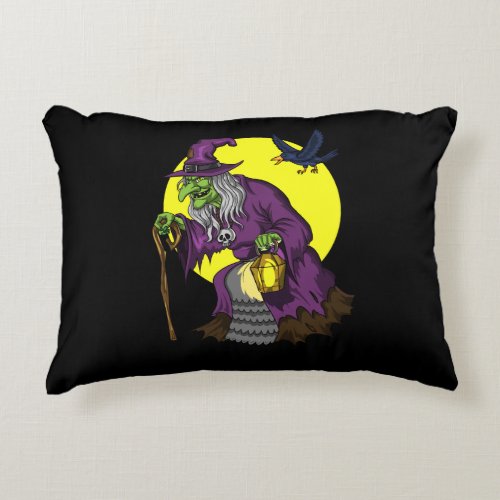 Scary Witch Spooky Raven Halloween Accent Pillow