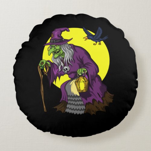 Scary Witch Spooky Raven Halloween Round Pillow