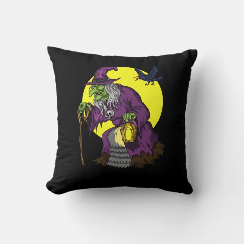 Scary Witch Spooky Raven Halloween Throw Pillow