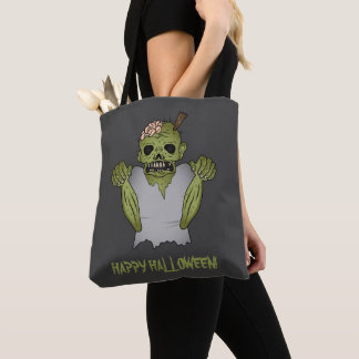 Scary Zombie Cartoon &amp; Happy Halloween Text Tote Bag