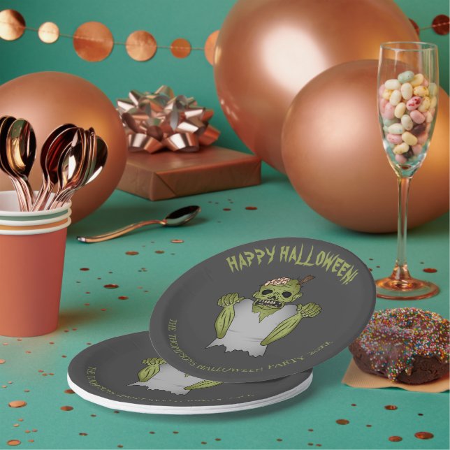 Scary Zombie Personalizable Halloween Event Text Paper Plates (Multi)