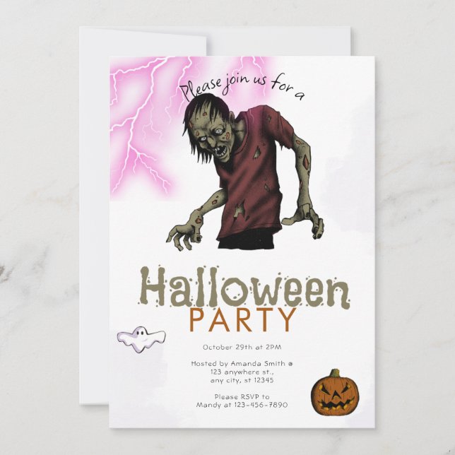 Scary Zombie Pink Lightning Ghost Halloween Party Invitation (Front)