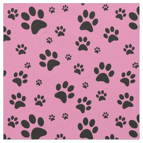Scattered Black Paw Prints on Pink Fabric