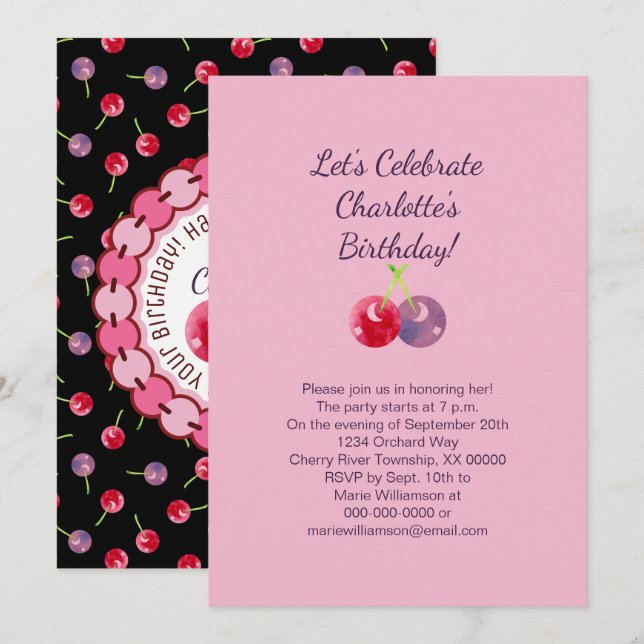 Scattered Cherries Watercolor Birthday Invitation (Front/Back)