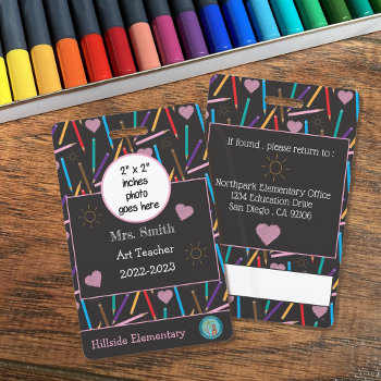 Scattered Color Pencils Art Teacher Id Photo Badge by ArianeC at Zazzle