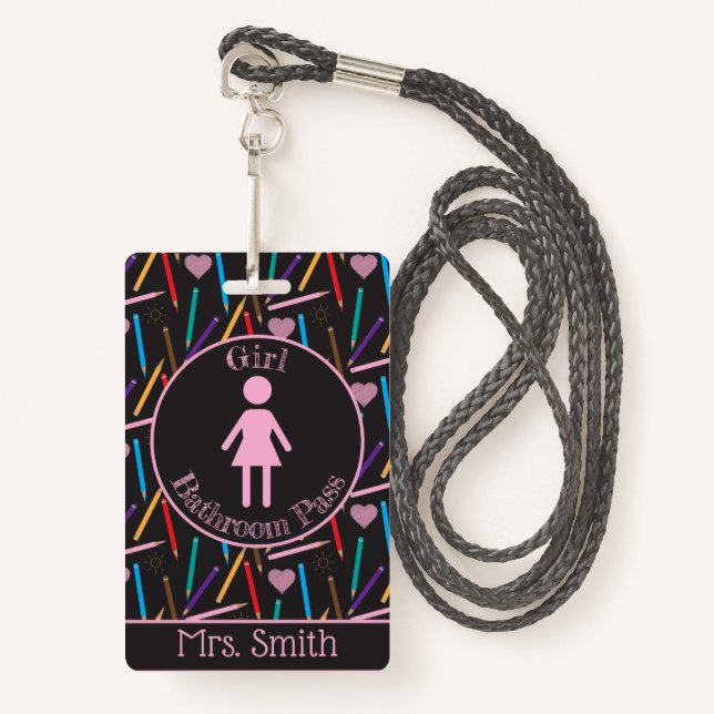 Scattered Color Pencils Girl Bathroom Pass Badge (Front with Lanyard)
