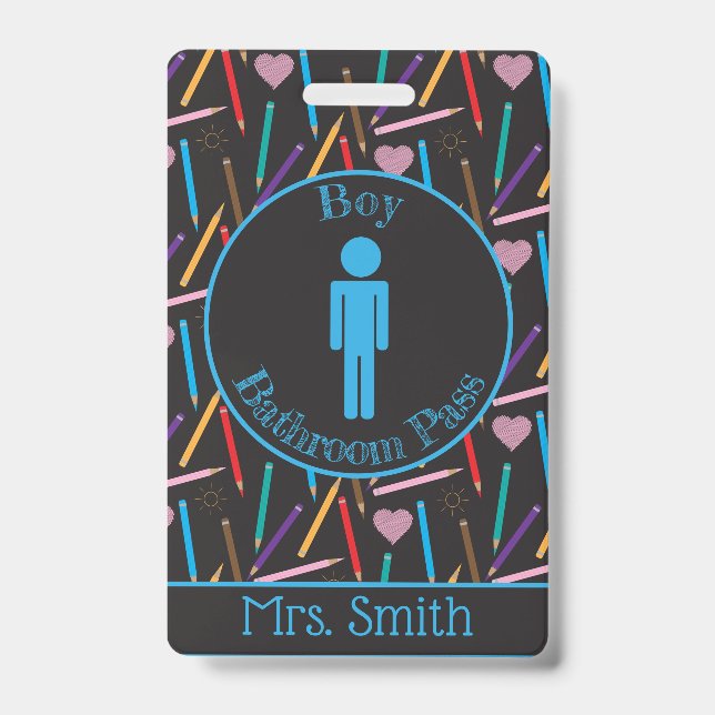 Scattered Colored Pencils Boy Bathroom Pass Badge (Front)