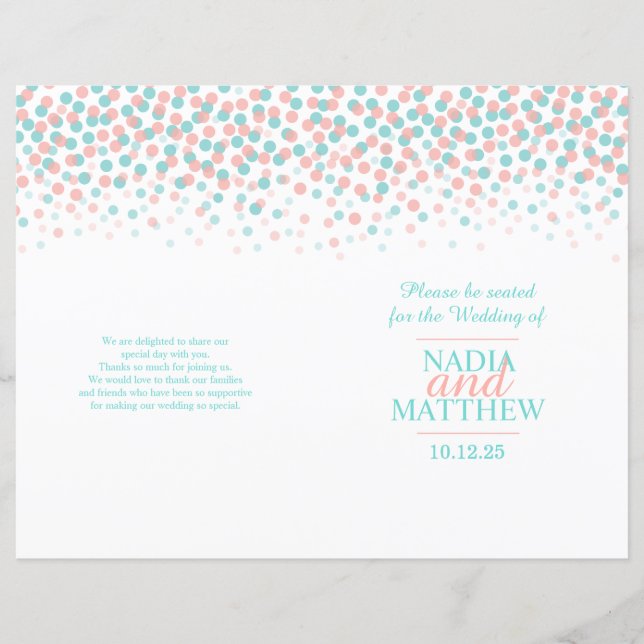 Scattered confetti dots coral teal wedding program (Front)