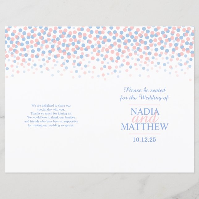 Scattered confetti dots pink blue wedding program (Front)