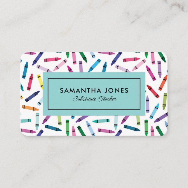 Scattered Crayons Substitute Teacher Contact Info Business Card (Front)